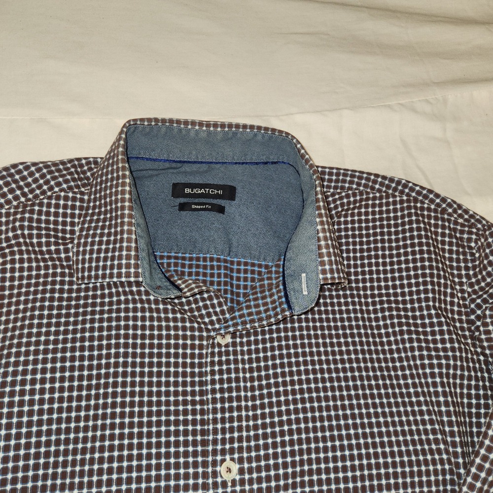 Bugatchi Mens Shaped Fit Long Sleeve Button Down Shirt Brown Blue Geometric XL